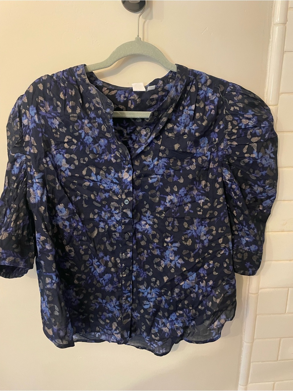 GAP Navy Blue Floral Puff-Sleeve Button Blouse